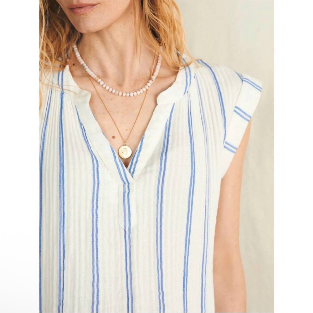 FAHERTY dream cotton gauze dylan top back bay stripe blue white coastal size M - Picture 3 of 10